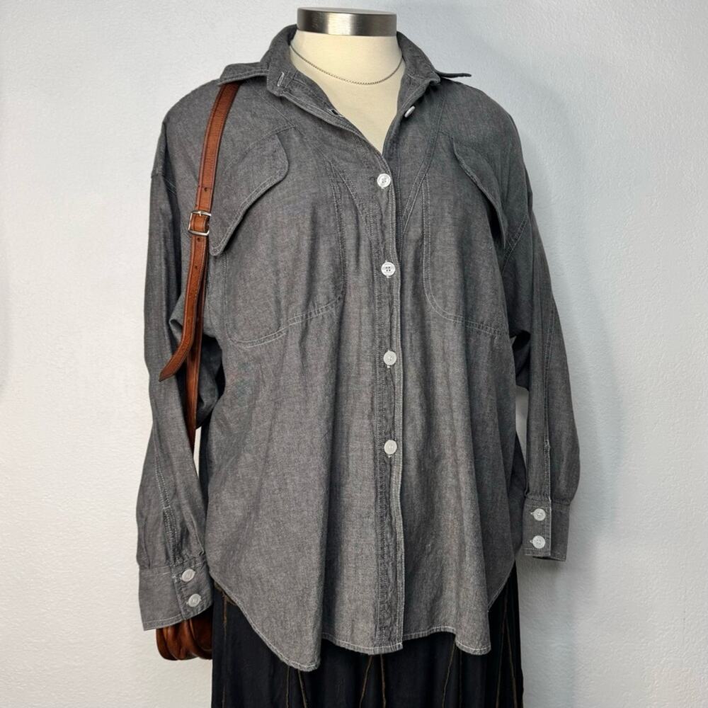 Vintage Womens Gray Western Button Front Denim Shirt Chest Pockets Plus Size